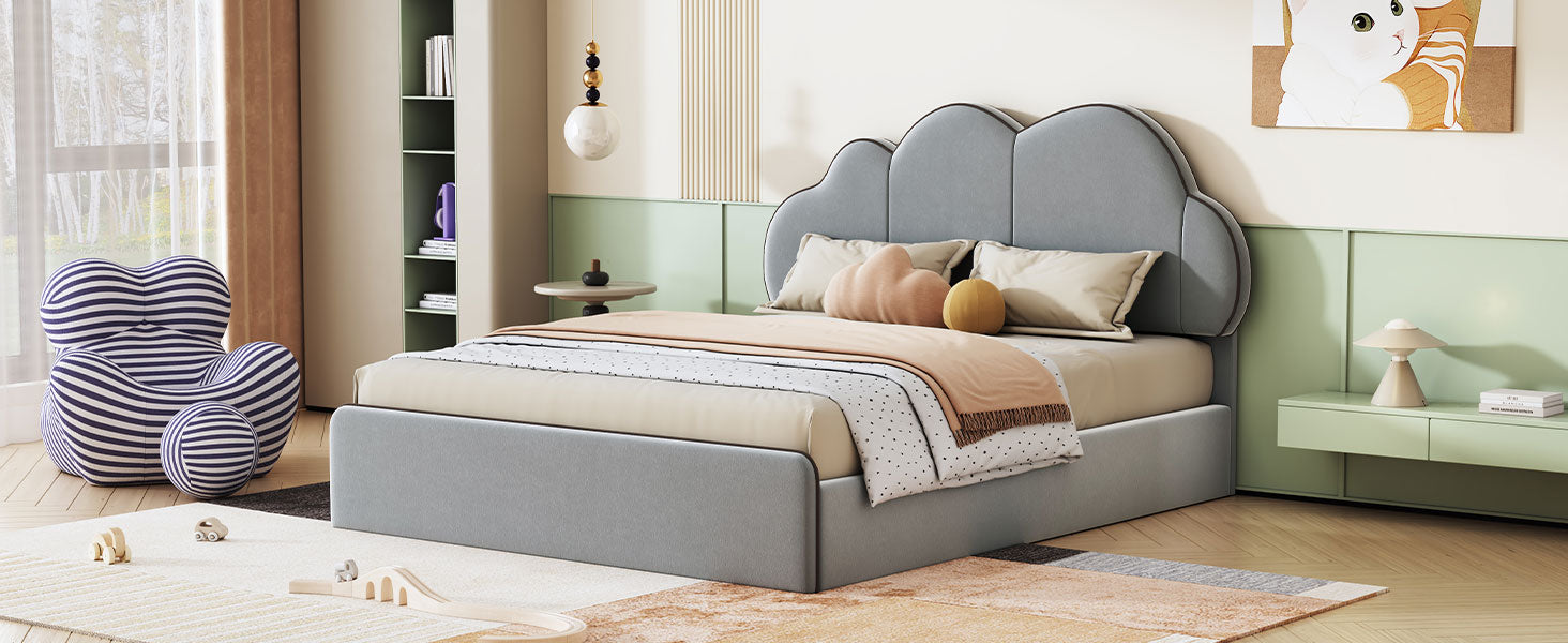 Queen Size Upholstered Platform Bed With Cloud Shaped Headboard, Gray Queen Gray Velvet