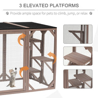 Pawhut Outdoor Cat House, Catio Wooden Feral Cat Shelter, Cat Cage With Platforms, Large Enter Door, Weather Protection Asphalt Roof, 71" L, Brown Brown Wood