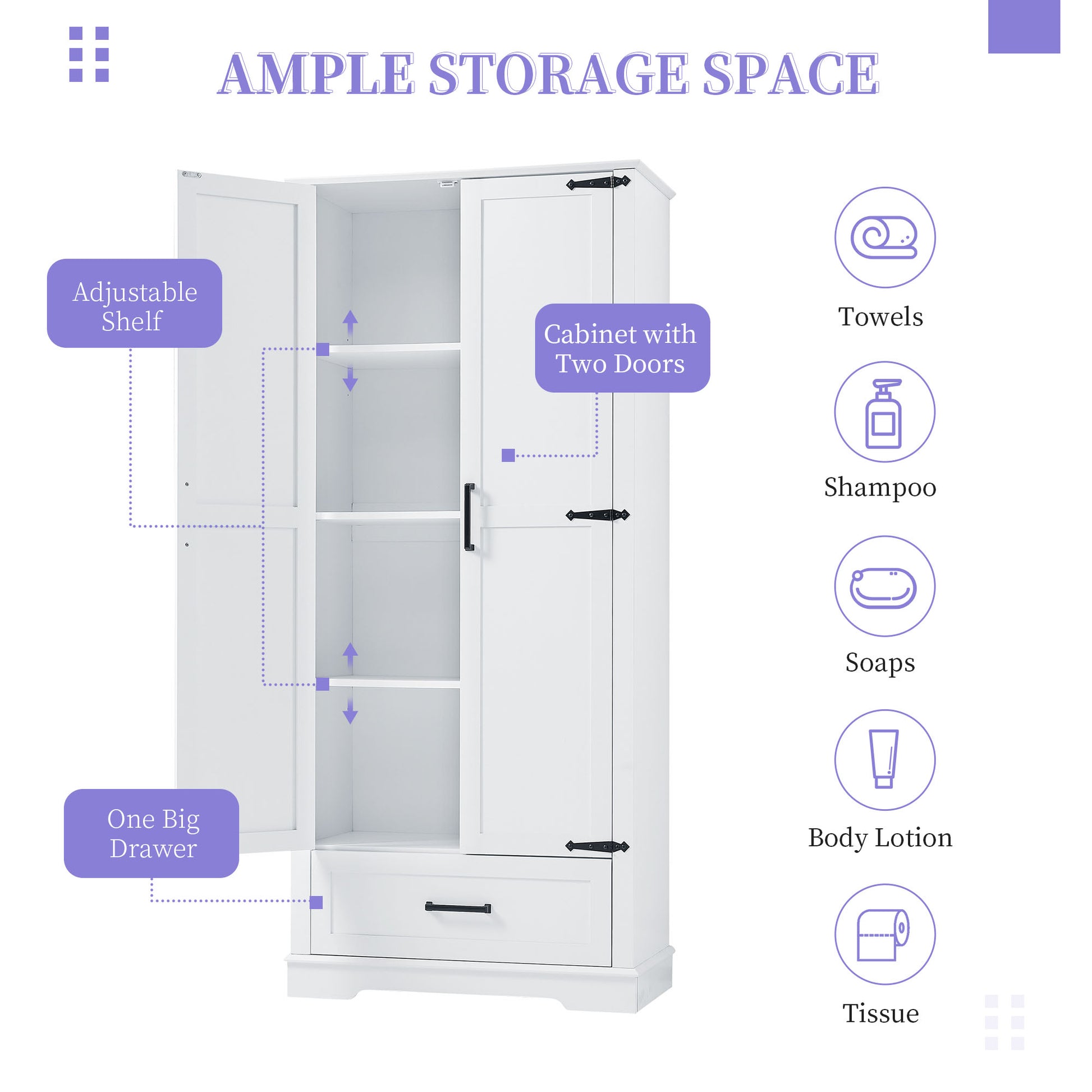 Tall Bathroom Storage Cabinet, Cabinet With Two Doors And One Drawer, Adjustable Shelf, Mdf Board, White White Mdf