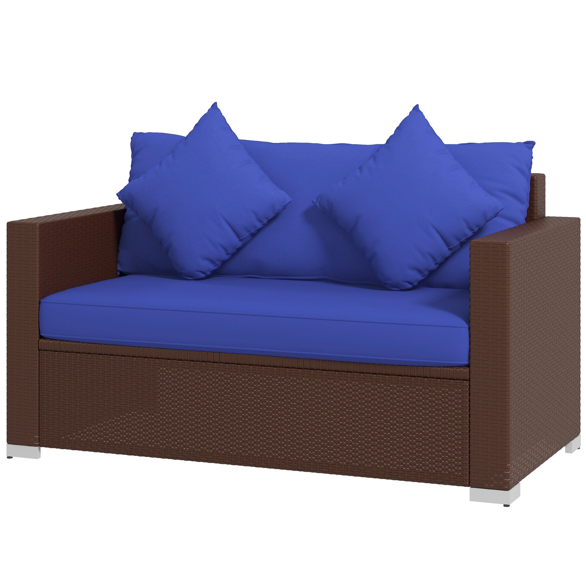 Outsunny Patio Wicker Loveseat With Cushions, 2 Seat Outdoor Pe Rattan Couch Sofa With Throw Pillows, For Porch, Backyard, Garden, Poolside, Blue Dark Blue Rattan Metal