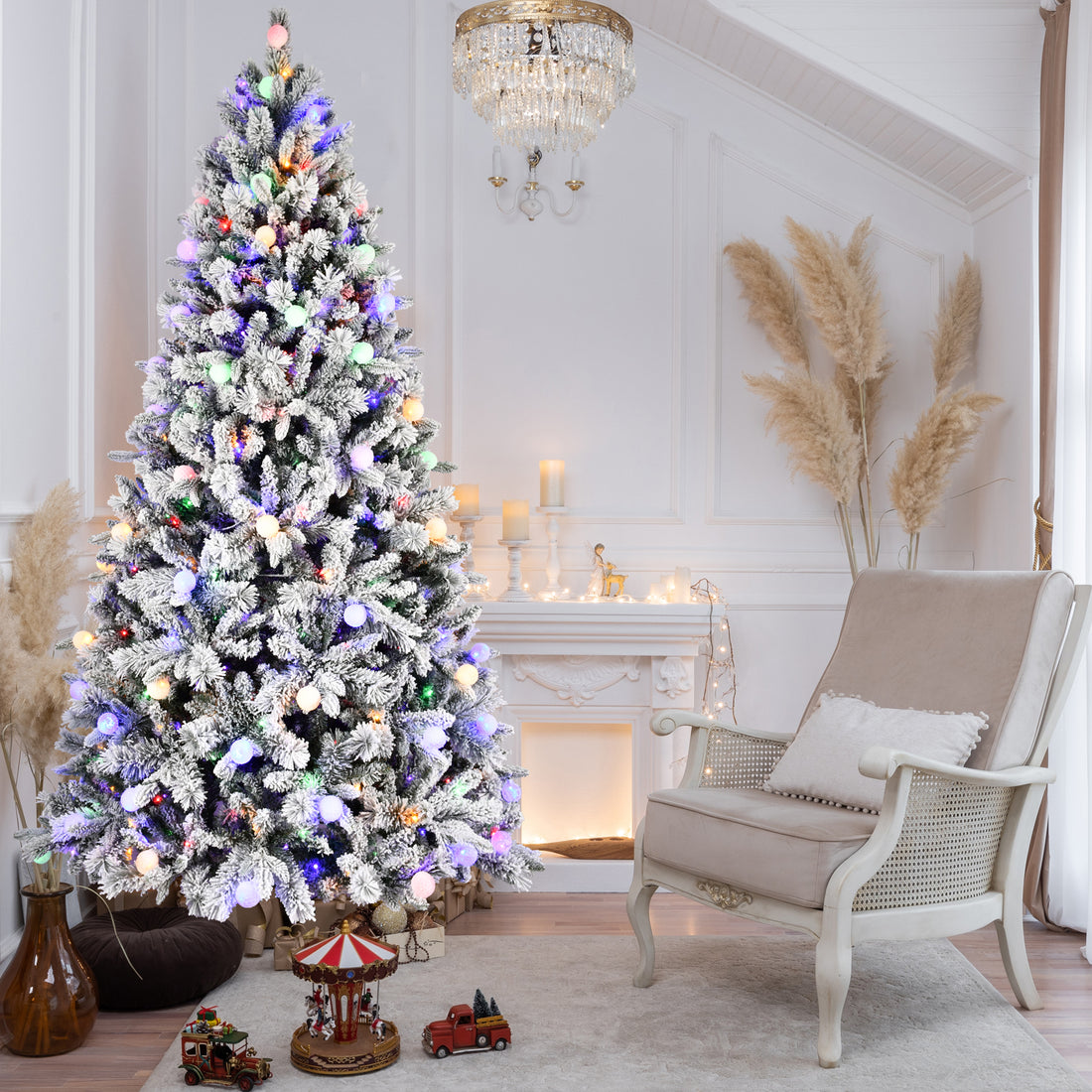 8Ft Pe Pvc Pine Mixed Christmas Tree With Colorful Warm Light 10 Function Led, Memory Wire & Easy Power Technology Green,White Polyethylene