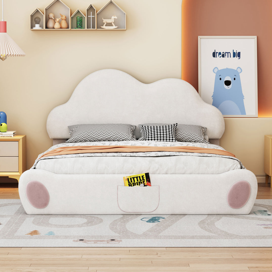 Queen Size Cloud Shaped Headboard Upholstered Platform Bed With Rounded Footboard And Pocket, Beige Queen Beige Velvet