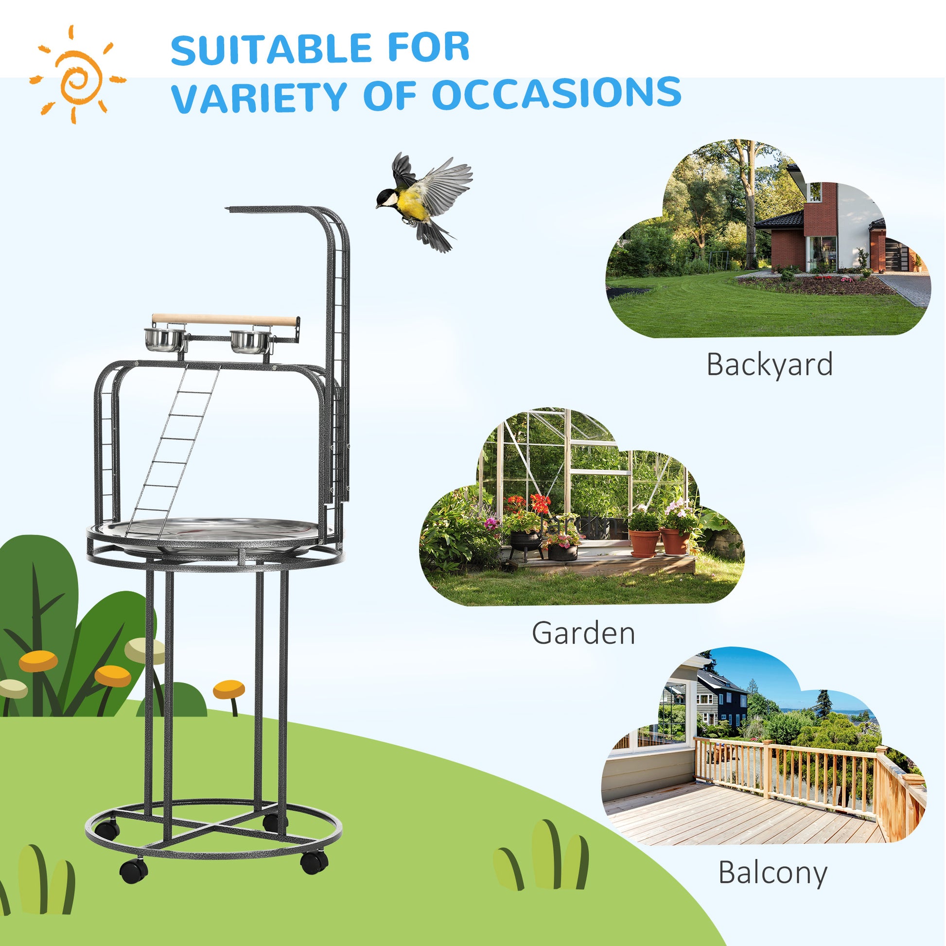 Pawhut Parrot Stand Large Bird Perch Stand With Toy Hook & 3 Ladders, Parrot Perch With Easy Grip, Bird Wooden Stand, Gray Gray Steel