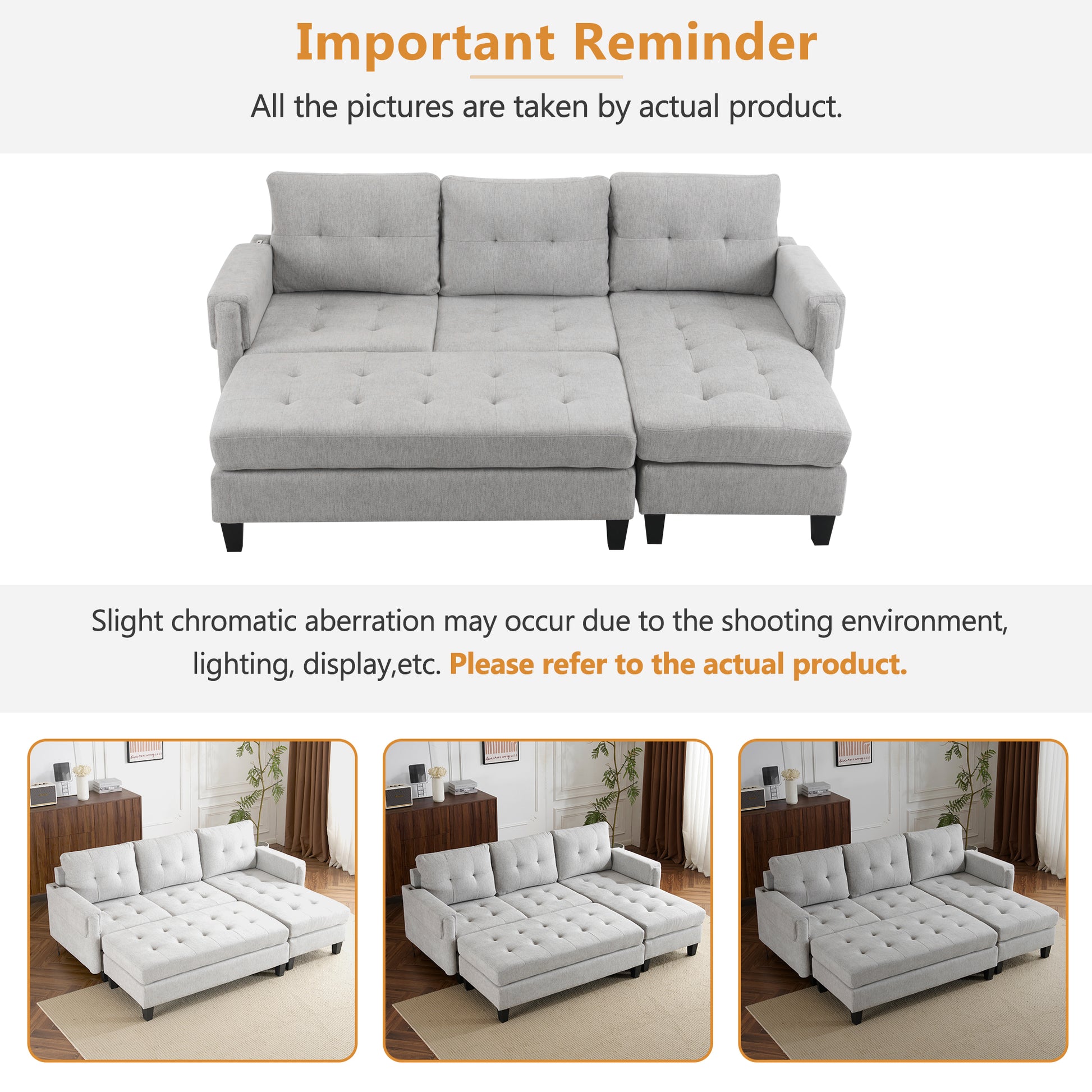 83.4" L Shaped Sofa Sectional Couch Sofa Bed With Two Usb Ports, A Movable Ottoman And A Reversible Chaise Lounge For Living Room, Grey Grey Foam Chenille 5 Seat