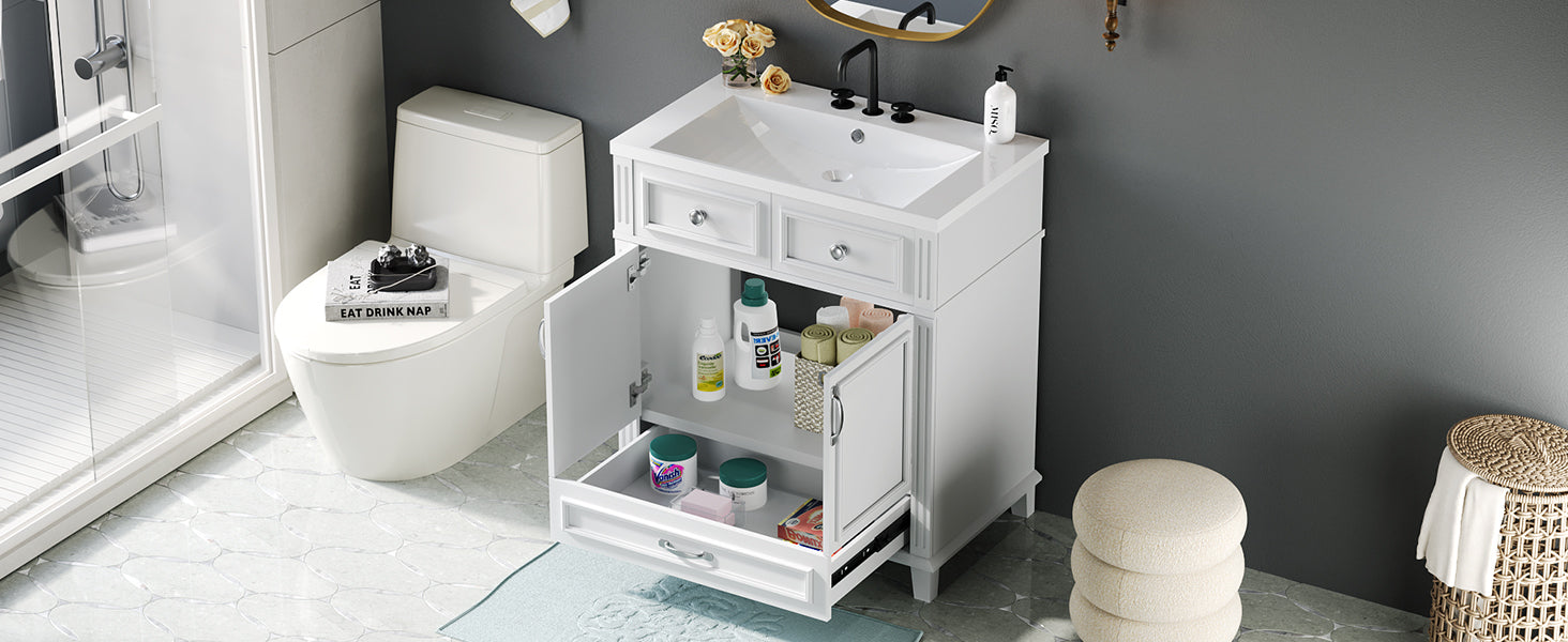 30'' Bathroom Vanity With Resin Sink, Solid Wood Frame Bathroom Storage Cabinet With Soft Closing Doors, Retro Style, White 1 White 2 Bathroom Freestanding Modern Solid Wood Mdf Resin Painted