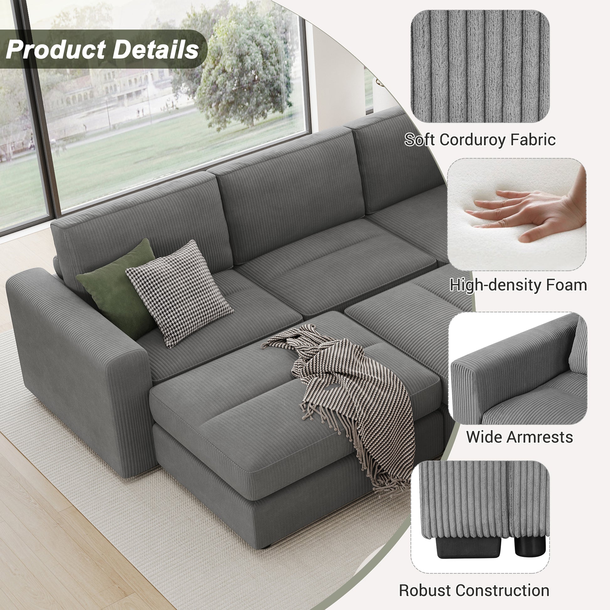 121.3" Sectional Couch Sofa Bed Modular Sofa With Two Movable Ottomans For Living Room Old Sku:N719S001640E , Gray Gray Foam Corduroy 7 Seat