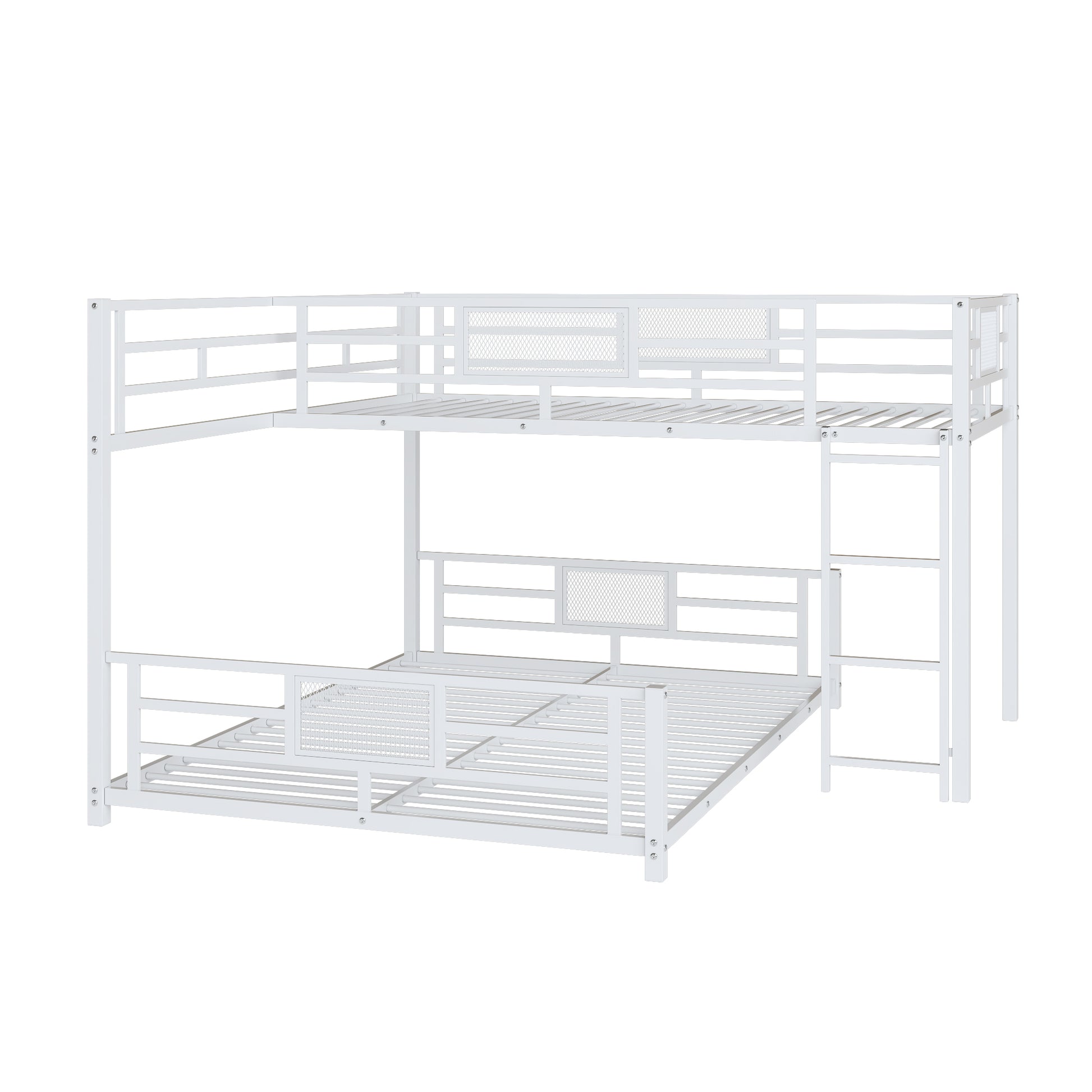 L Shaped Metal Twin Over Full Size Bunk Bed, White Box Spring Not Required White Metal Metal