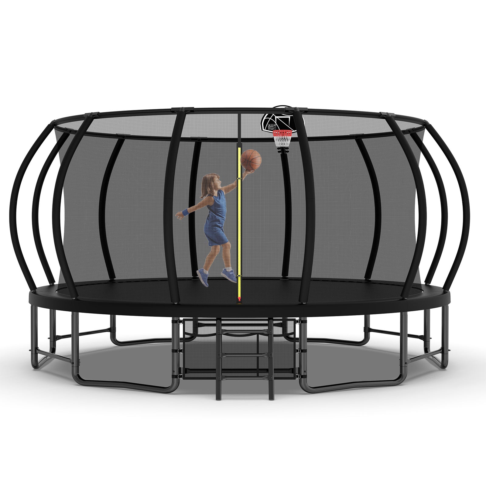 16Ft Outdoor Trampoline For Kids And Adults, Pumpkin Trampolines With Curved Poles,Heavy Duty Trampoline Anti Rust Coating Astm Approval Black Steel