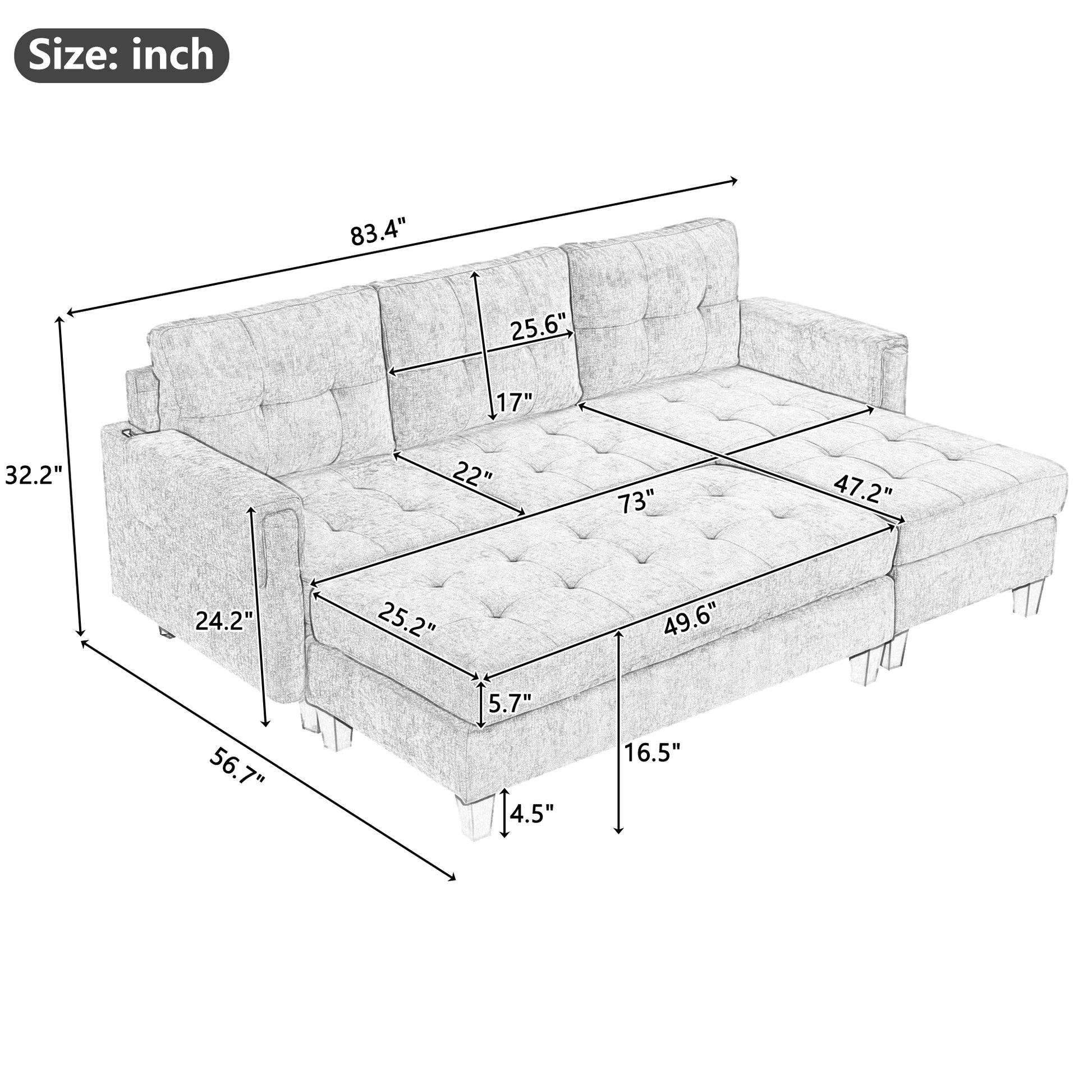 83.4" L Shaped Sofa Sectional Couch Sofa Bed With Two Usb Ports, A Movable Ottoman And A Reversible Chaise Lounge For Living Room, Navy Blue Navy Blue Foam Chenille 5 Seat