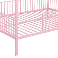 Full Size Metal House Bed With Fence, With Trundle, Pink Full Pink Metal