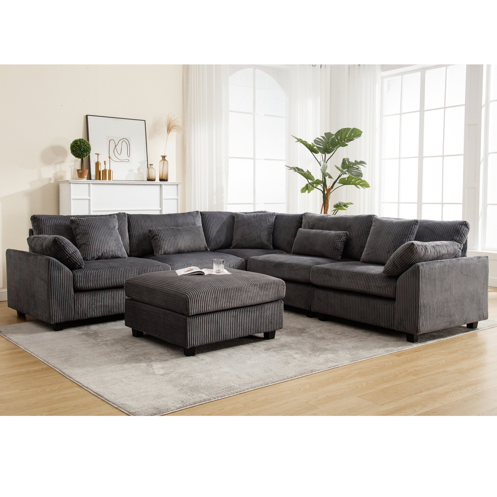 Arrival Oversized Modular Sectional Sofa Couches Set,Corduroy Upholstered Deep Seat Comfy Sofa For Living Room,Dark Gray Dark Gray Fabric 6 Seat