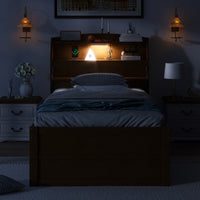 Twin Size Wooden Led Platform Bed With Trundle, With Storage Headboard, With Drawers, Brown Twin Brown Plywood