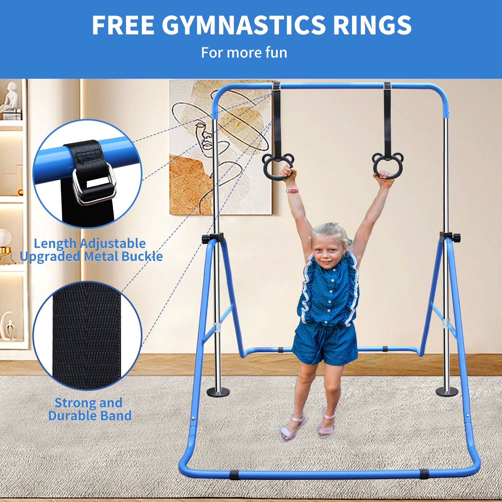 Multi Functional Adjustable Height Children'S Horizontal Gymnastic Bar With Bear Rings Blue Steel