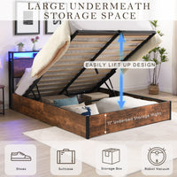 Lift Up Storage Bed Frame, Queen Size Bed Frame With Bookcase Headboard & Led Lights, Wooden Platform Bed Frame With Charging Station, No Spring Box Needed, Rustic Brown Box Spring Not Required