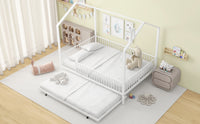 Full Size Metal House Bed With Fence, With Trundle, White Full White Metal