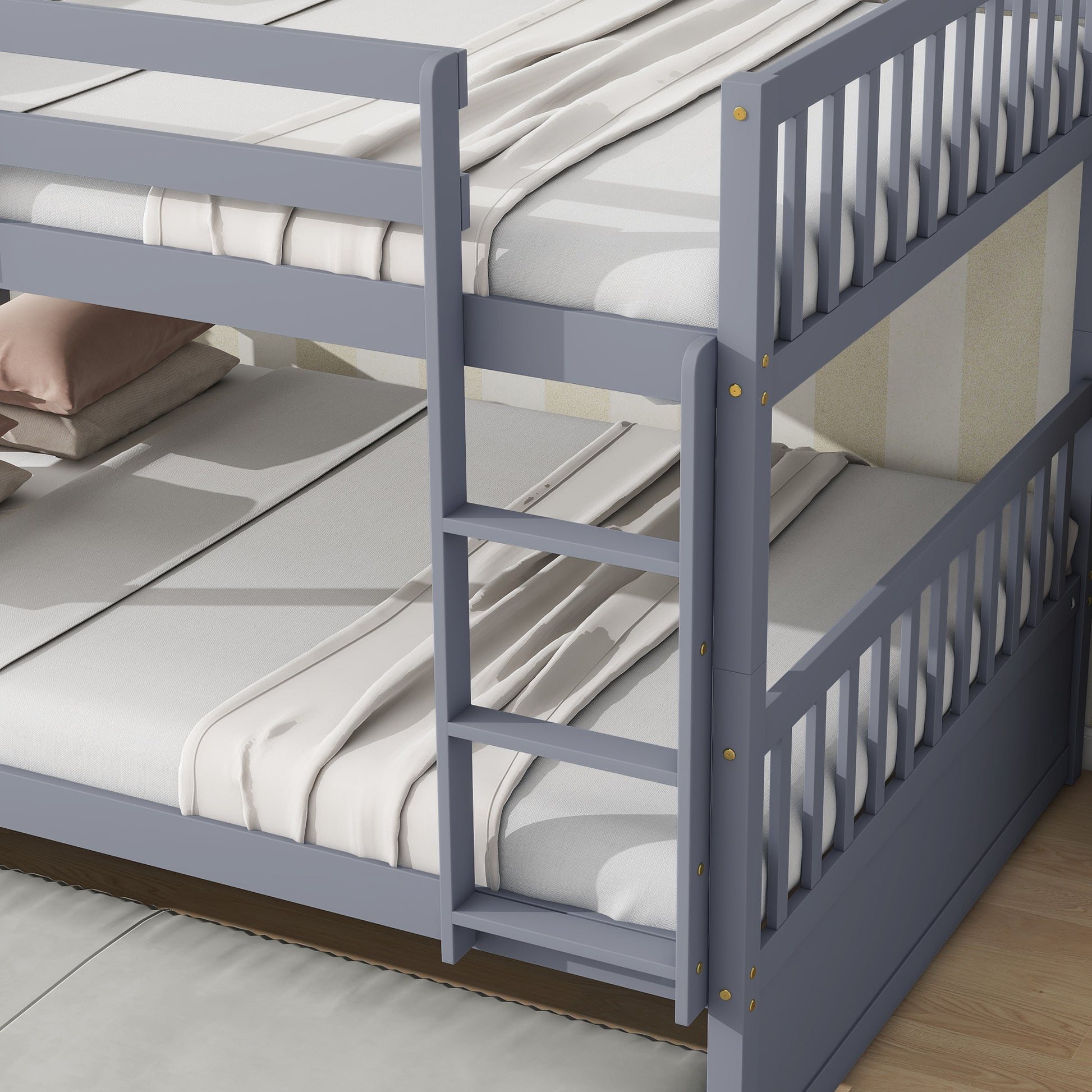 Full Over Full Rubber Wood Bunk Bed With Trundle, Ladder And Guardrails, Convertible To 2 Full Size Beds, With Twin Size Trundle ,Grey Full Grey Bedroom American Design Bed Frame Rubber Wood