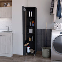 Lawen Tall Storage Cabinet, Single Door, 3 Broom Hangers Freestanding 3 4 Spaces Black Dining Room Contemporary Particle Board Melamine