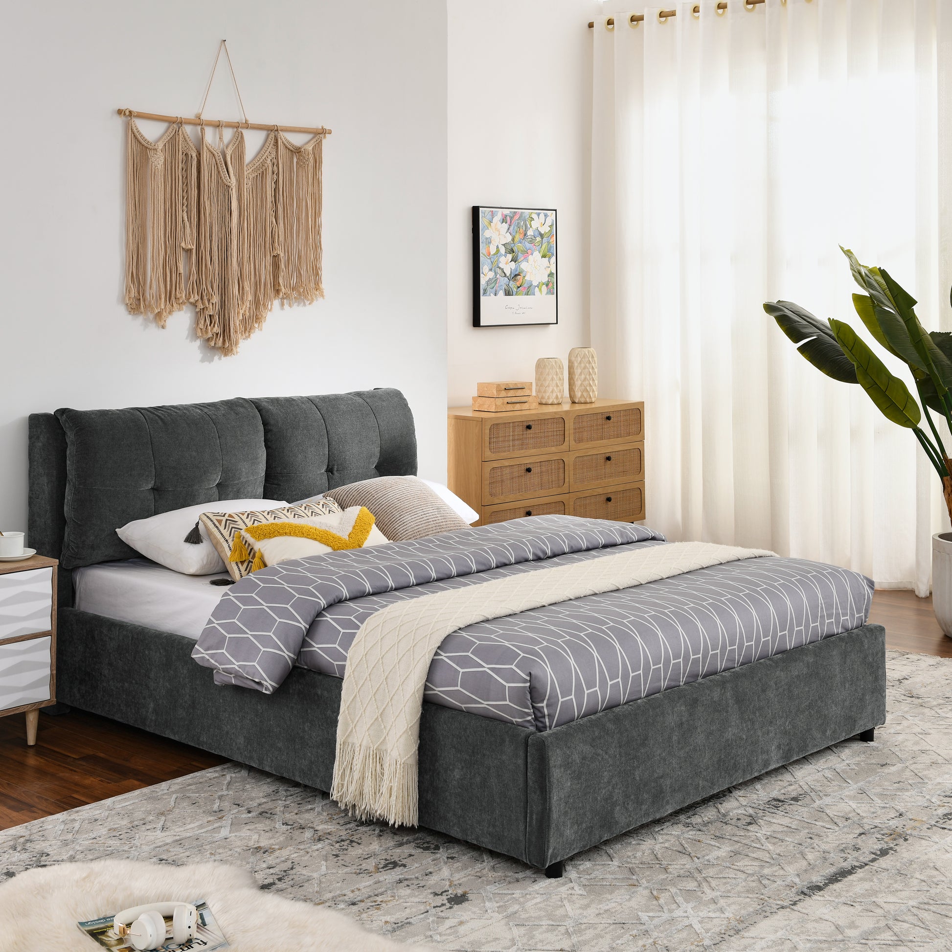 Queen Size Storage Upholstered Hydraulic Platform Bed With Integrated Headboard, Chenille Fabric, Gray Box Spring Not Required Queen Gray Composite Bedroom Luxury,Modern Bed Frame Chenille Chenille