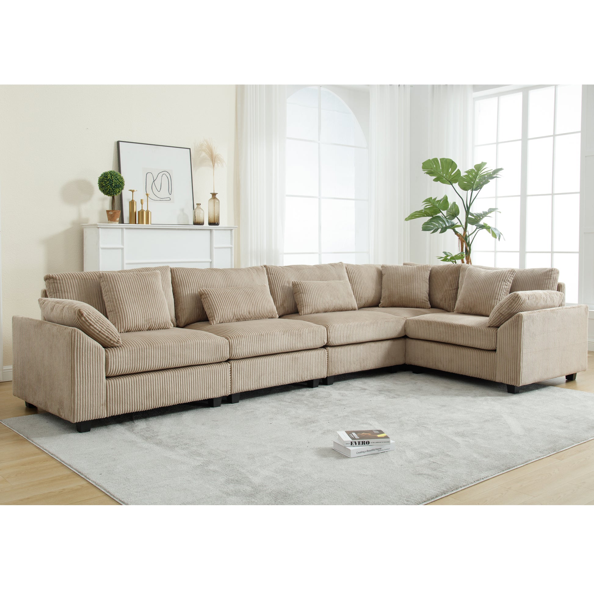 Arrival Oversized Modular Sectional Sofa Couches Set,Corduroy Upholstered Deep Seat Comfy Sofa For Living Room ,5 Seat ,Brown Brown Fabric 5 Seat