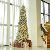 Homcom 9Ft Pre Lit Snow Flocked Slim Douglas Fir Artificial Christmas Tree With Realistic Branches, 550 Led Lights And 988 Tips Green Pvc
