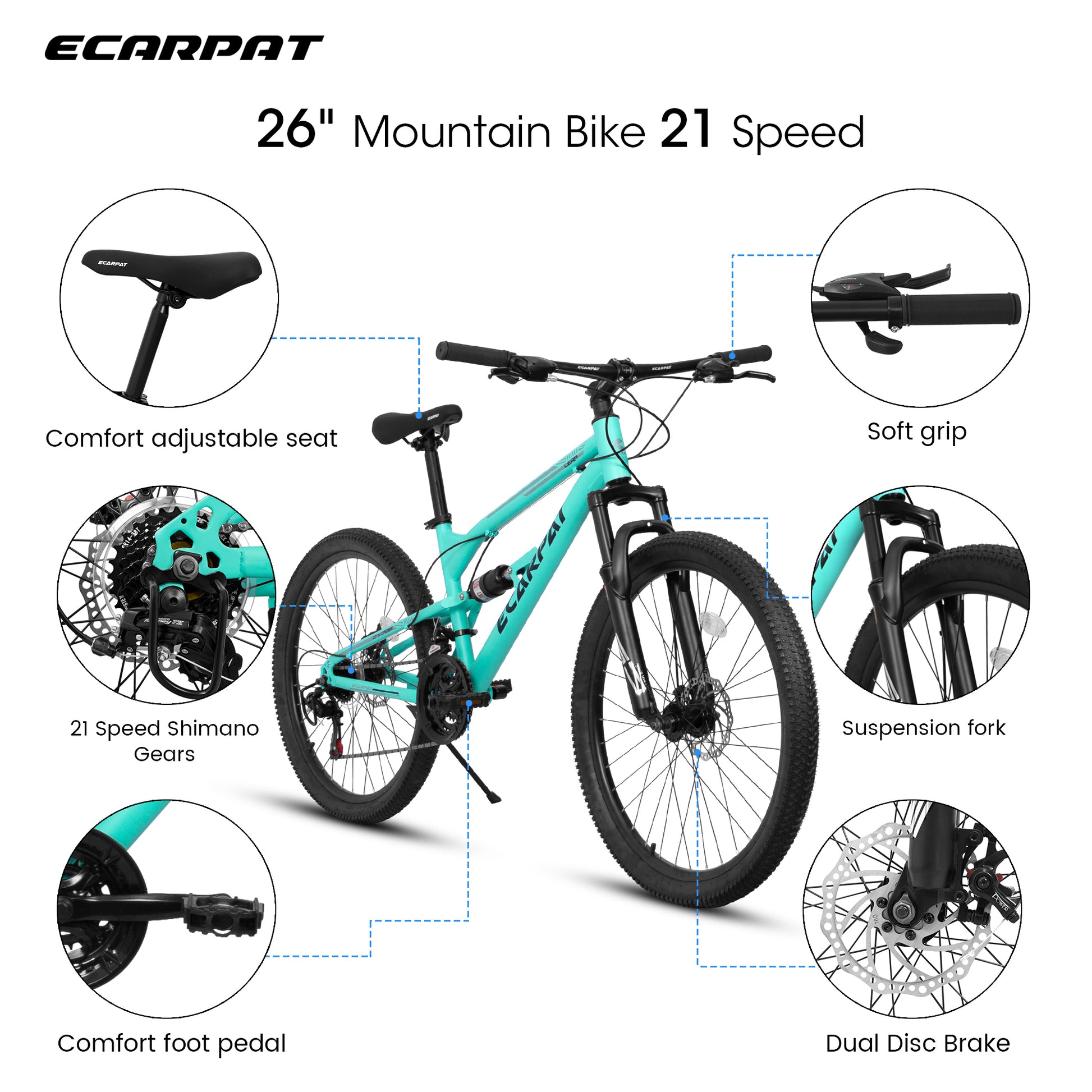 A26207 26 Inch Aluminum Frame Shock Fork Plus Shock Absorber 21 Speed Unisex Mountain Bike Blue Without Wear Resistant Garden & Outdoor Sporty Multifunctional Steel