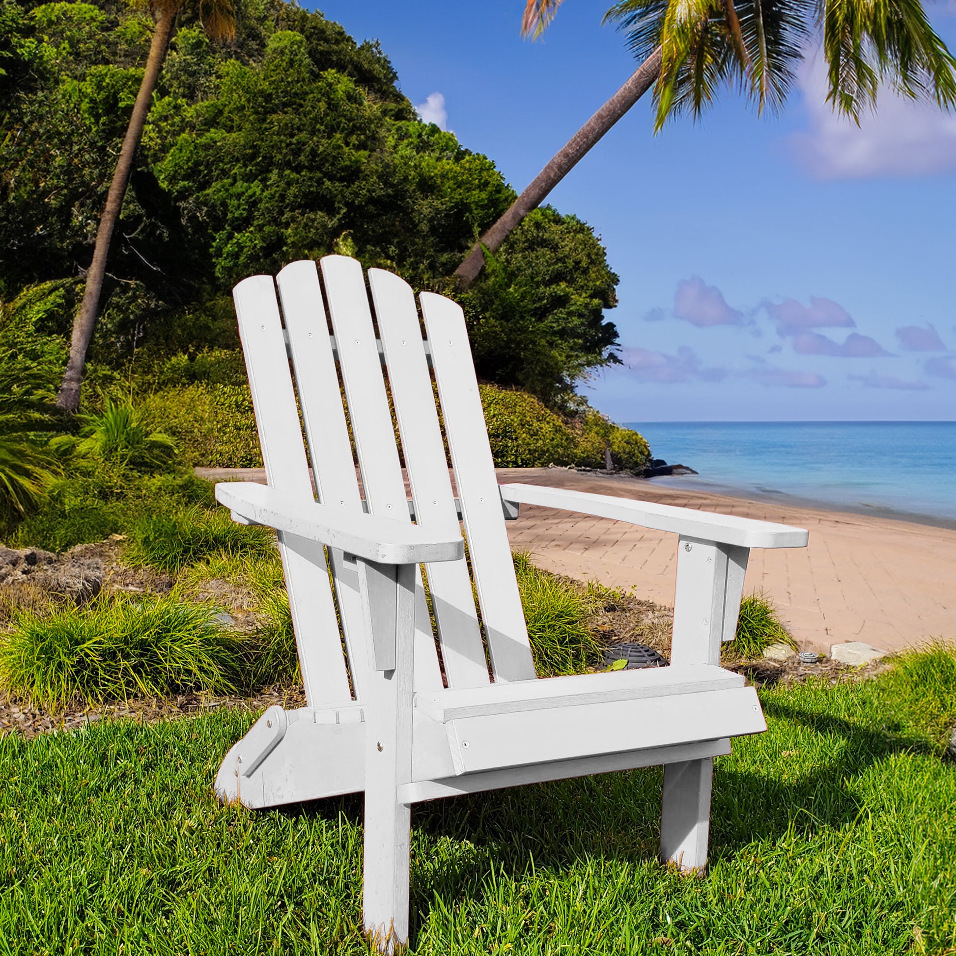 Hips Folding Adirondack Chair, Ultra Durable Weather Resistant Design, Real Wood Look, Easy Folding With No Pins Needed, 300 Lb Capacity, White White Plastic