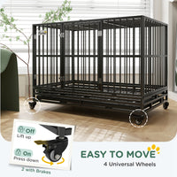 Pawhut 48" Heavy Duty Dog Crate Metal Cage Kennel With Lockable Wheels, Double Door And Removable Tray, Gray Gray Steel