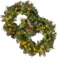 2 Packed 24'' Glitter Bristle Mixed Wreath With With 9 Red Berry And 9 Pine Cones And 50 Warm White Led Lights With Timer Battery Operated Outdoor, 150 Tips Green Pvc