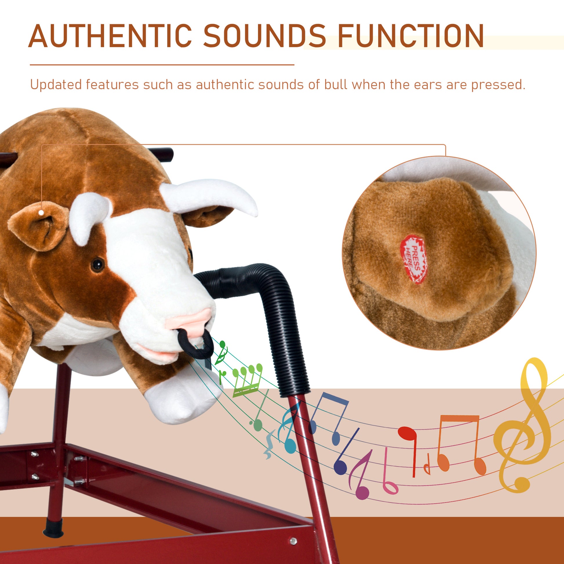 Qaba Kids Spring Rocking Horse Rodeo Bull Style With Realistic Sounds For Children Over 3 Years Old Brown Plush