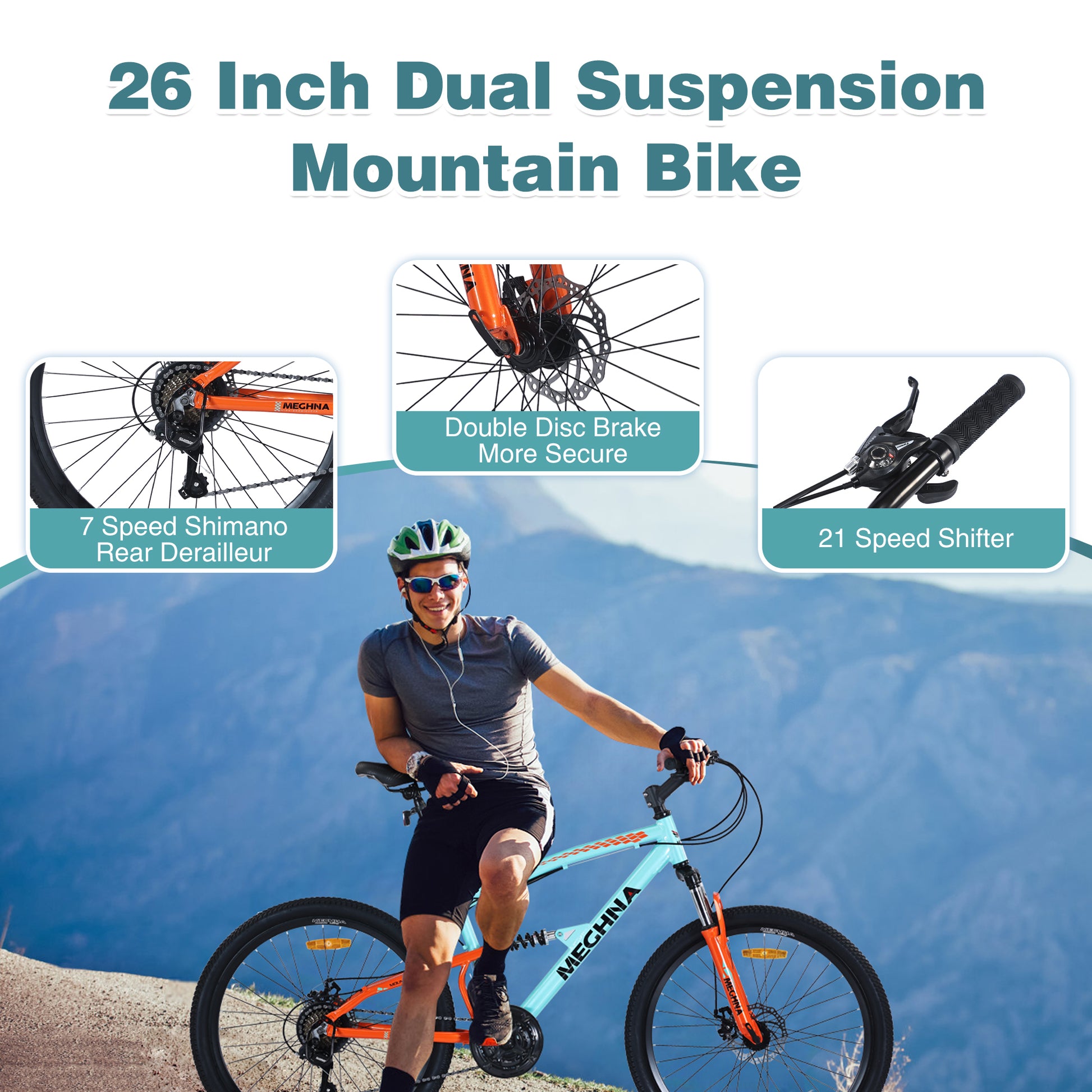 26 Inch Mountain Bike 21 Speed Dual Suspension Aluminum Alloy Frame For Men And Women'S Bike Cycling Cyan Garden & Outdoor Aluminium Alloy