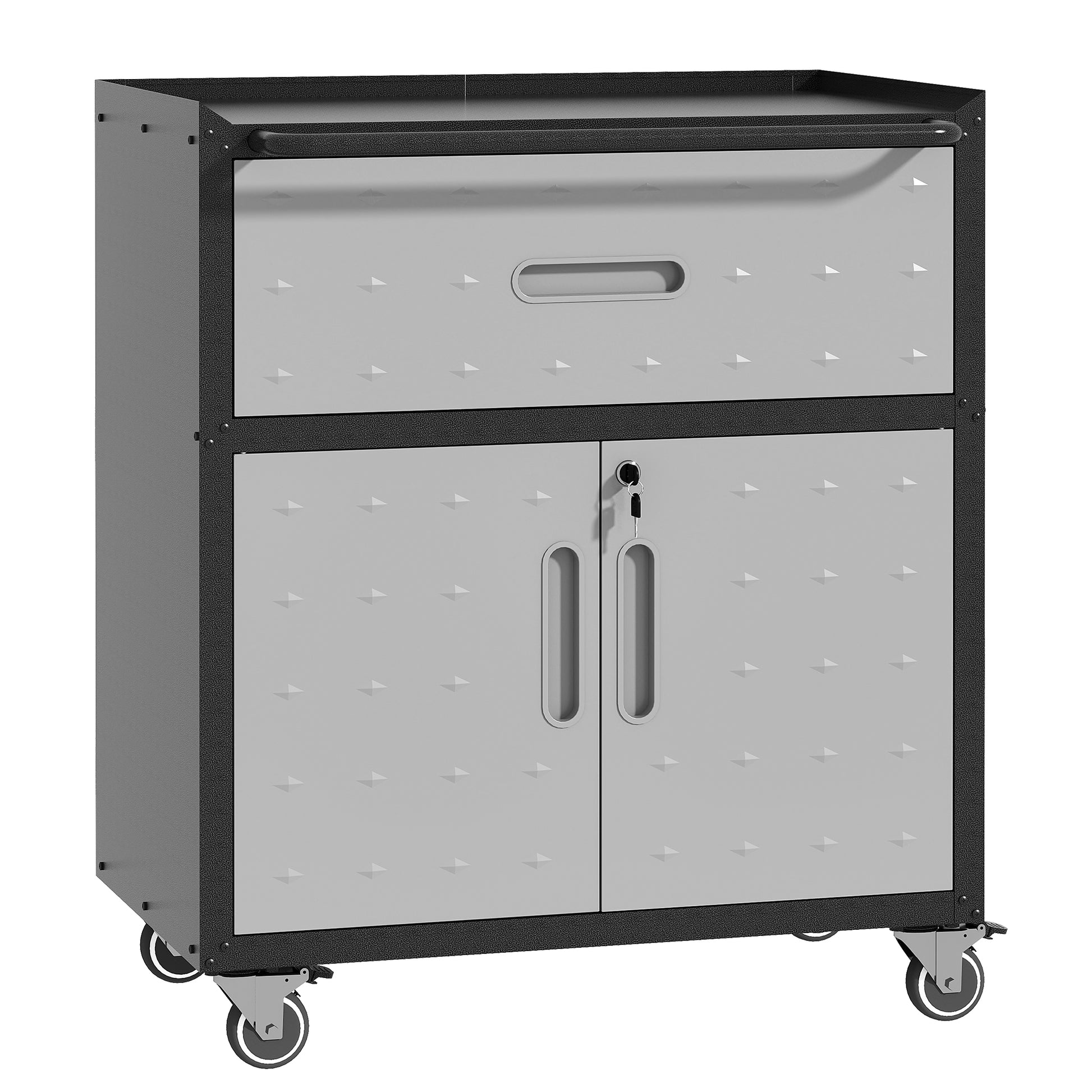 Sturdy And Durable Metal Tool Cabinet For Garage With Wheels Mobile Heavy Duty Storage Cabinet With 1 Drawer And 2 Locking Doors, Rolling Tool Storage Cabinet, Black And Gray Black Gray Steel