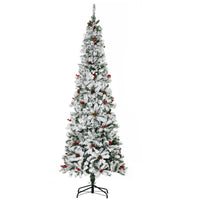 Homcom 7.5' Pencil Snow Flocked Artificial Christmas Tree With 600 Pine Realistic Branches, Pine Cones, Red Berries, Auto Open, Green Green Plastic