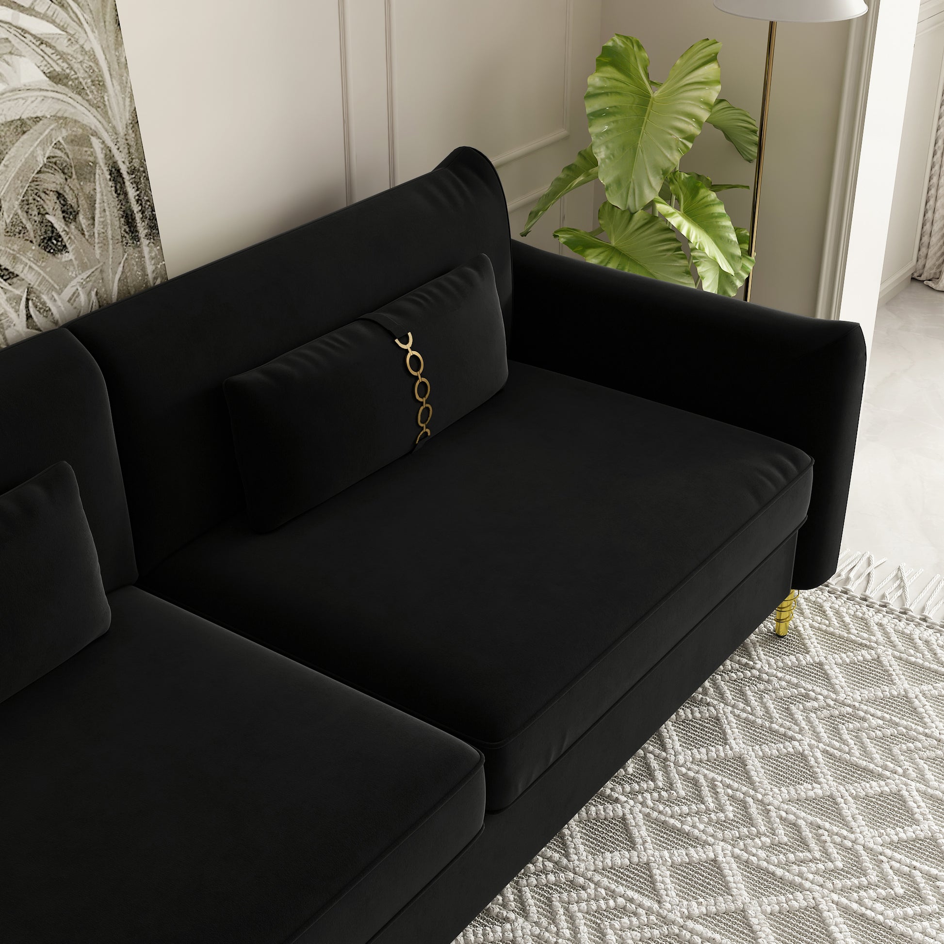 Fx P19 Bk Sofa 85.83Inch Velvet Sofa Couch Luxury Modern Upholstered Sofa With 2 Pillows Black Color Black Velvet 2 Seat