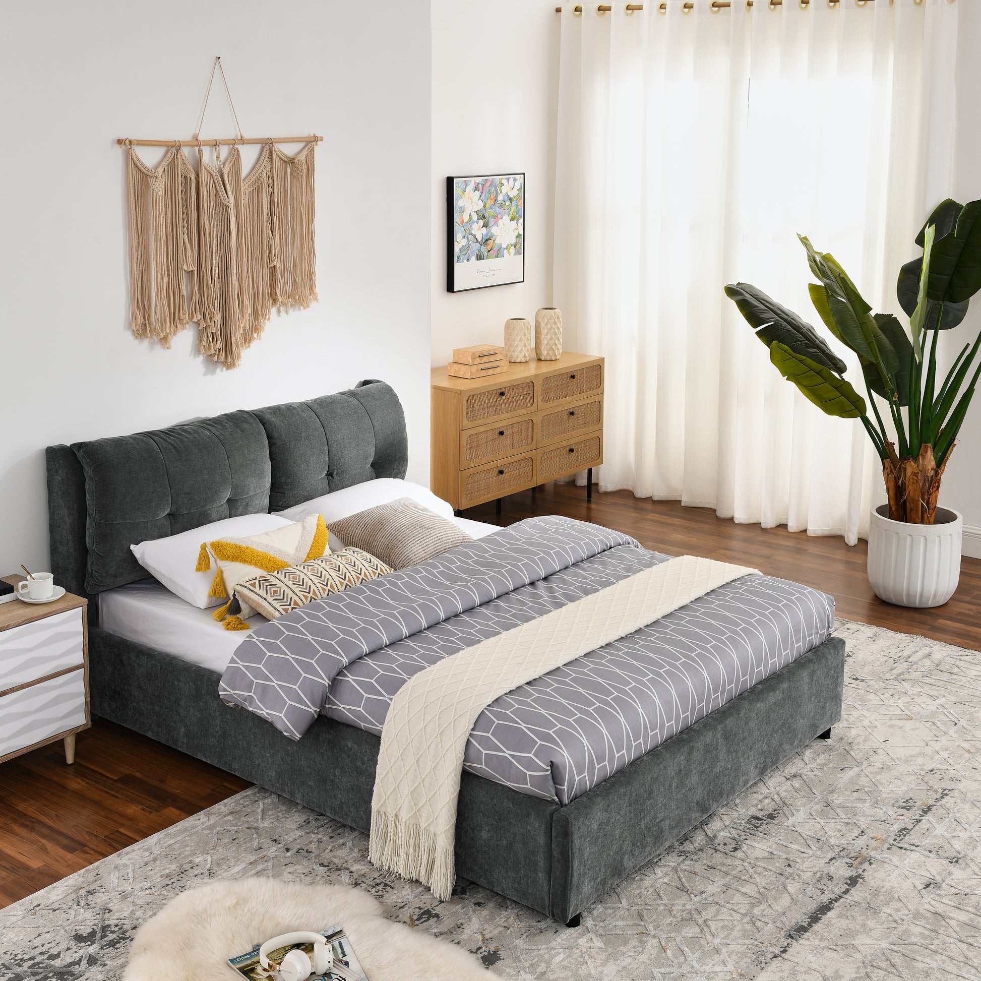 Queen Size Storage Upholstered Hydraulic Platform Bed With Integrated Headboard, Chenille Fabric, Gray Box Spring Not Required Queen Gray Composite Bedroom Luxury,Modern Bed Frame Chenille Chenille