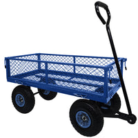 3 Cu. Ft. 300 Lbs. Capacity Removable Sides Metal Steel Mesh Heavy Duty Utility Wagon Outdoor Garden Cart In Blue Blue Steel