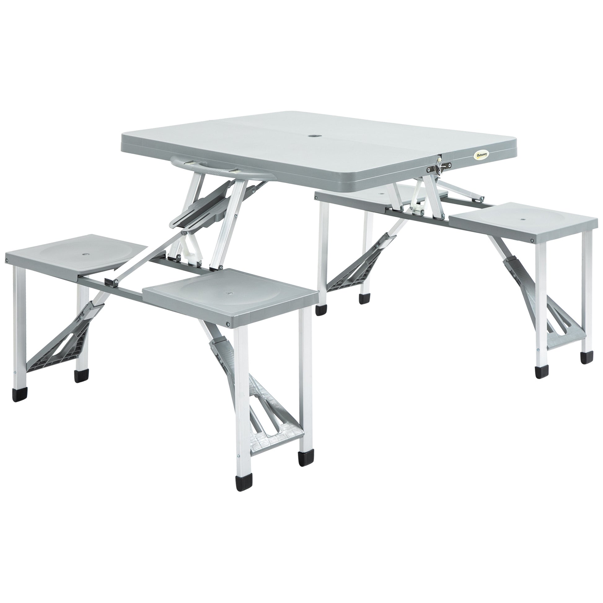 Outsunny Folding Picnic Table With Seats And Umbrella Hole, Portable Camping Chairs Set, 4 Seat, Aluminum Frame, Gray Grey Aluminum