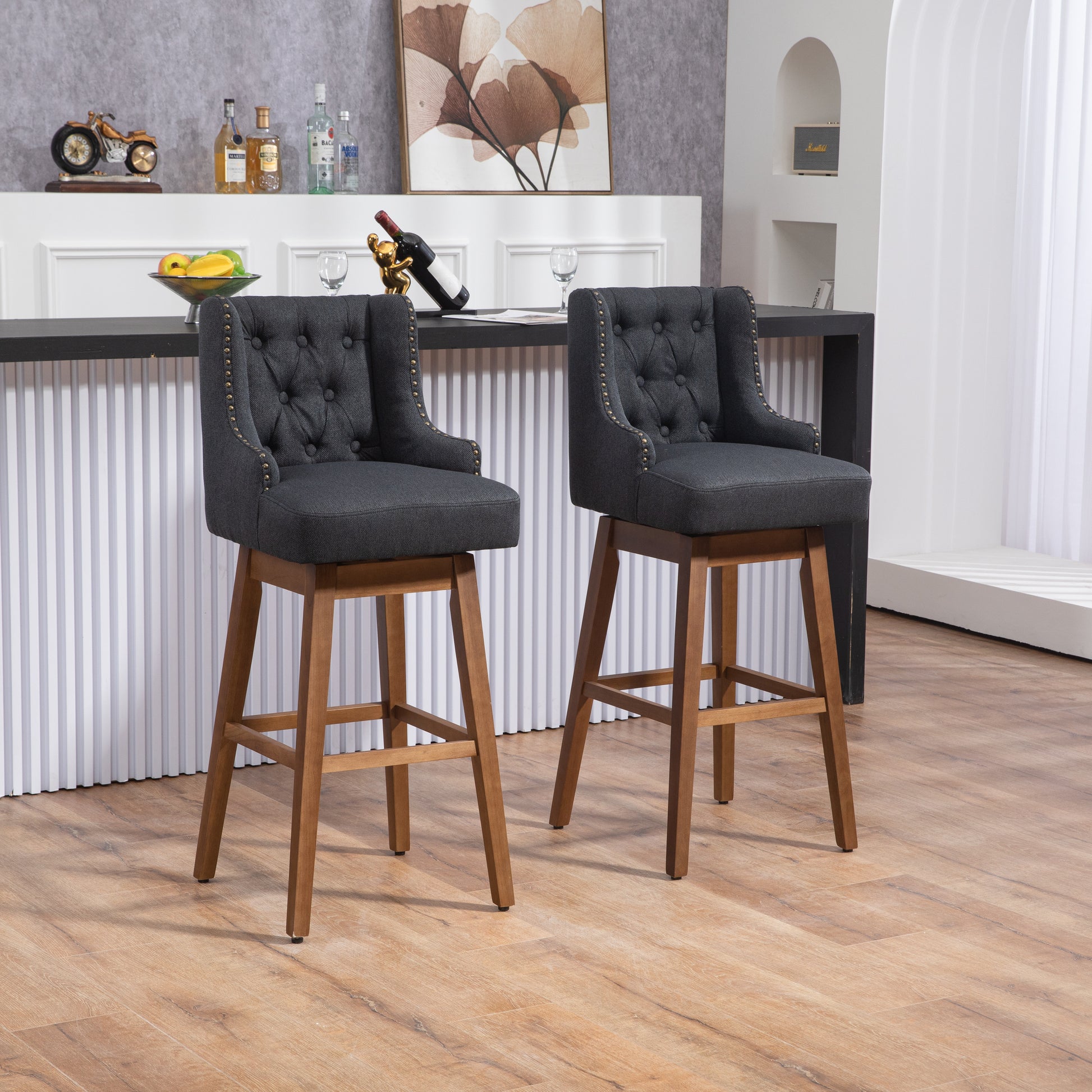 Coolmore Bar Stools Set Of 2 Counter Height Chairs With Footrest For Kitchen, Dining Room And 360 Degree Solid Wood Legs Swivel Bar Stools Set Of 2 Black Linen Black Foam Linen