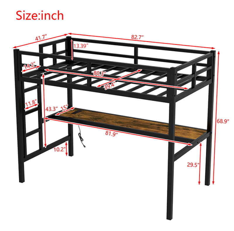 Metal Twin Xl Size Loft Bed With Power Outlet And Led Lighted, Space Saving, Noise Reduced, Black Twin Xl Black Metal