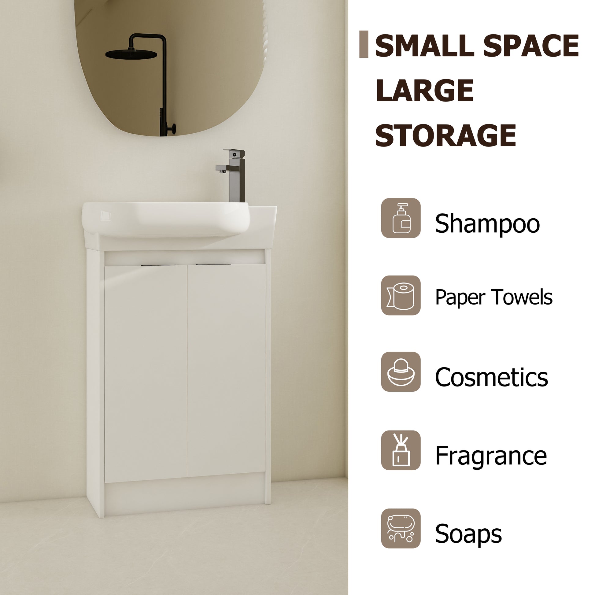 23" Freestanding Bathroom Vanity With Sink, Soft Close Doors Glossy White Bathroom Modern Plywood