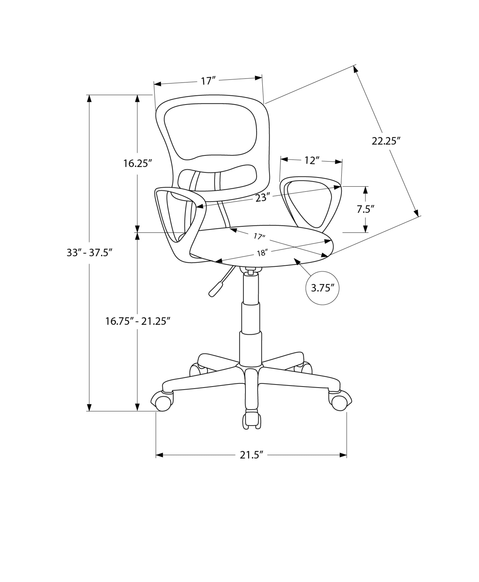 Office Chair, Adjustable Height, Swivel, Ergonomic, Armrests, Computer Desk, Work, Juvenile, Black Mesh, Black Metal, Contemporary, Modern Black Foam Polyester