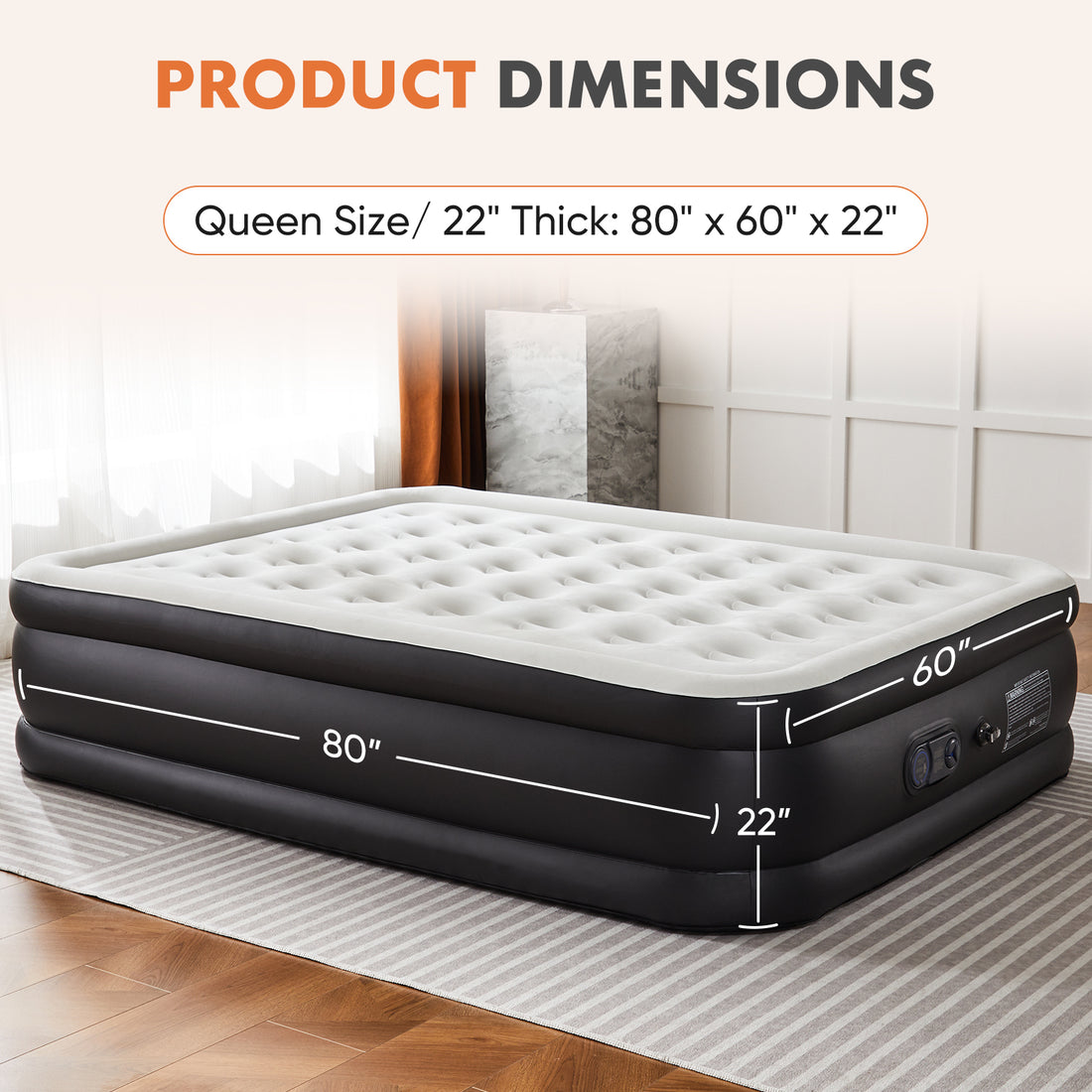 Inflatable Air Mattress With Built In Pump, Queen Size 22In Black Pvc