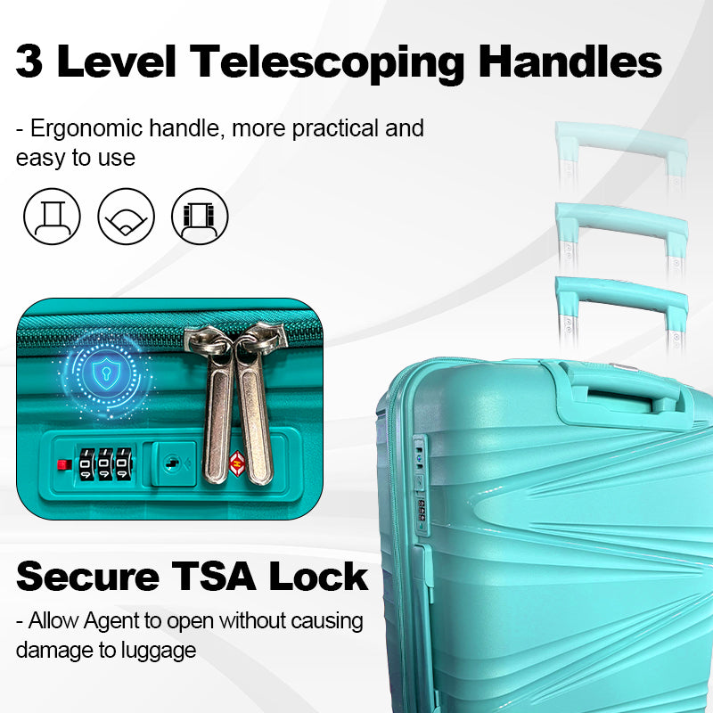 Hard Shell Luggage, 3 Piece Set, With Tsa Lock, 20 Inches 24 Inches 28 Inches Teal Blue Polypropylene