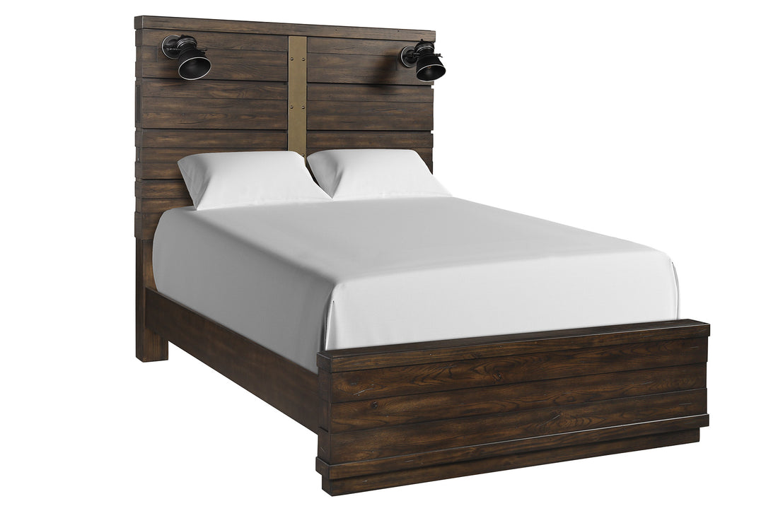 Industrial Farmhouse Designed Bed W Bluetooth And Lights Brown Solid Wood Mdf