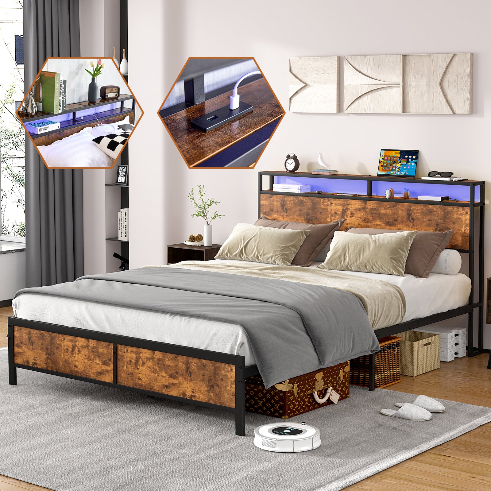 Industrial Full Bed Frame With Led Lights And 2 Usb Ports, Bed Frame Full Size With Storage, Noise Free, No Box Spring Needed, Rustic Brown Full Rustic Brown Metal Metal