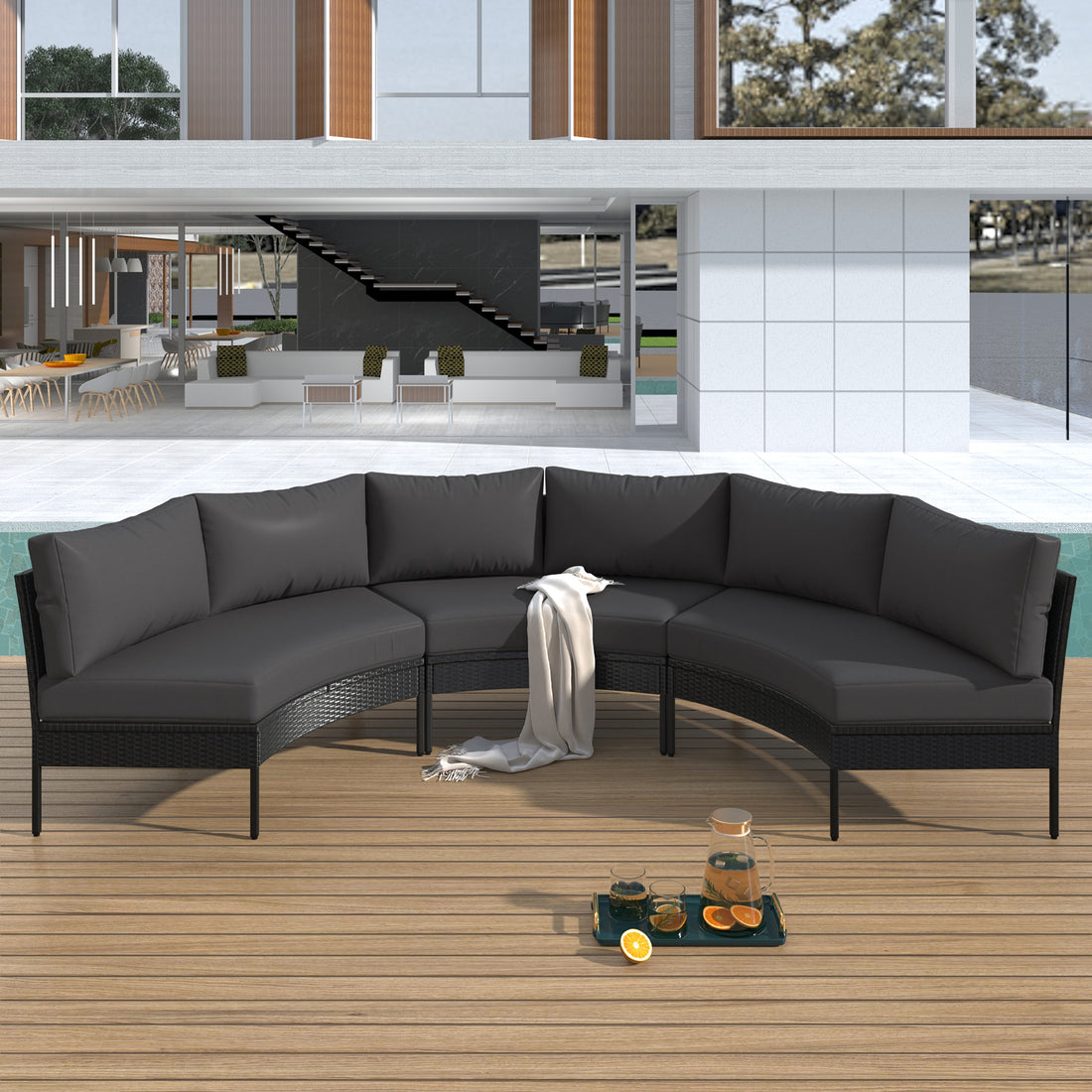 Patio Furniture Set, 3 Piece Curved Outdoor Conversation Set, All Weather Sectional Sofa With Cushions Grey Rattan