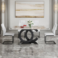Table And Chair Set.63"X31.5" Marble Pattern Sintered Stone Table With Mdf Oc Shaped Bracket.Paired With 4 White Pu Chairs With Black Metal Legs.Suitable For Kitchen,Dining Room,Etc. White Black
