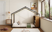 Twin Size Metal Bed House Bed Frame With Shelves And Lights, Black Twin Black Metal & Wood