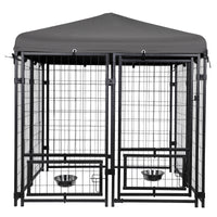 Outdoor Dog Kennel 4.5' X 4.5' X 4.8' With Waterproof Heavy Duty Metal Dog Cage,Outside Dog Enclosure With Lockable Door With Roof & Rotating Feeding Door,2 Bowl Holders And Bowls For Small Medium Dog Grey Outdoor Kennel Metal
