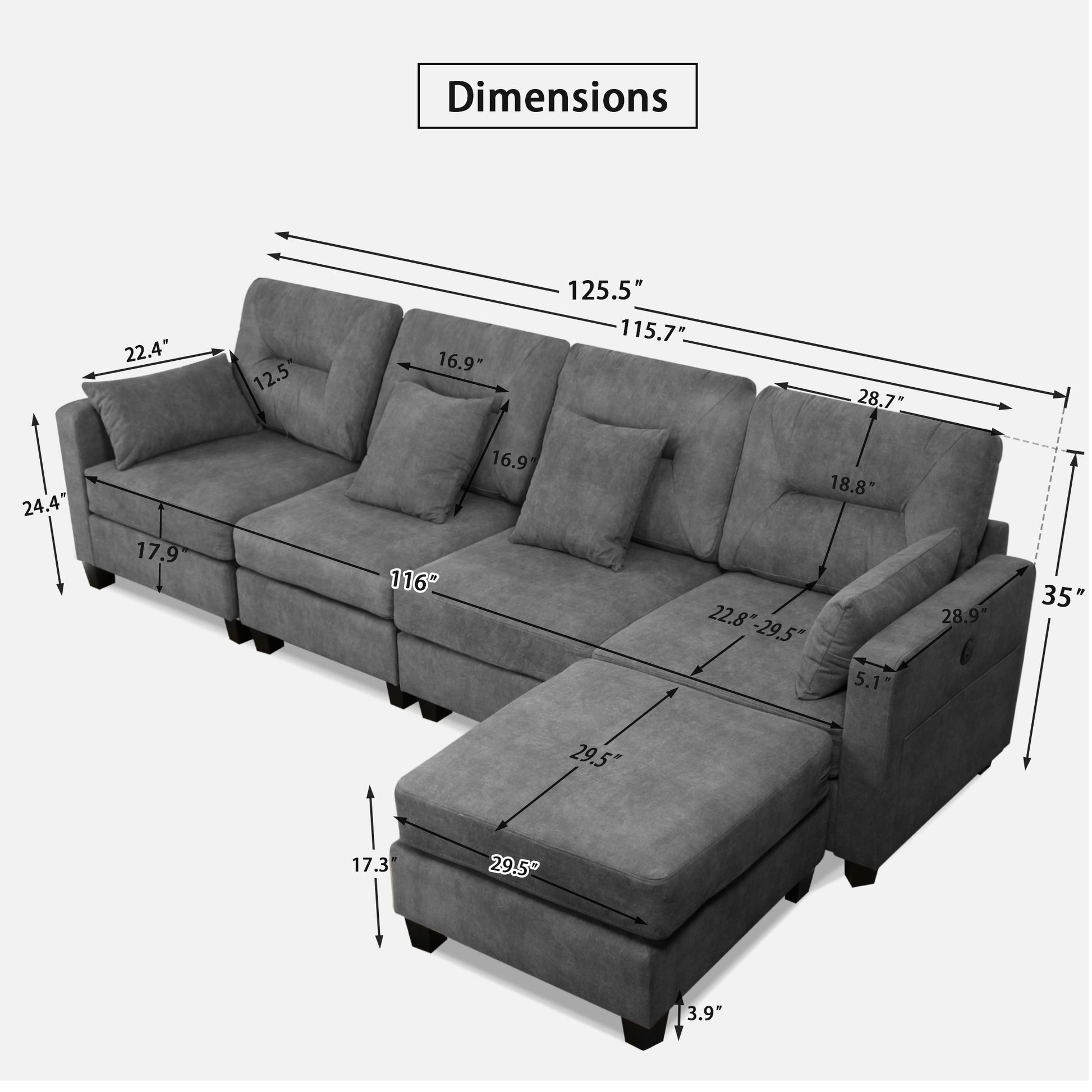 Oversized 125Inch L Shaped Modular Sectional Couches With Usb Ports, Ottoman, Lumbar Pillows Gray Velvet Wood Primary Living Space Medium Soft Cushion Back Extra Heavy Duty Foam Foam Spring 5 Seat