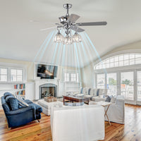 52'' Crystal Ceiling Fan Lamp With Remote Control 3 Speed High, Mid, Low , 5 Reversible Blades For Living Room, Dining Room, Bedroom, Family Room, Chrome ,3Pcs*E26 No Include Bulb Chrome American Traditional,Antique,Classic,Contemporary Plywood Metal